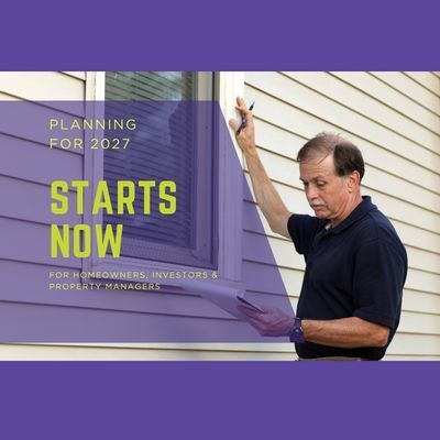 Property owner inspecting a home exterior while planning maintenance and property improvements for 2027 in the Denver metro area
