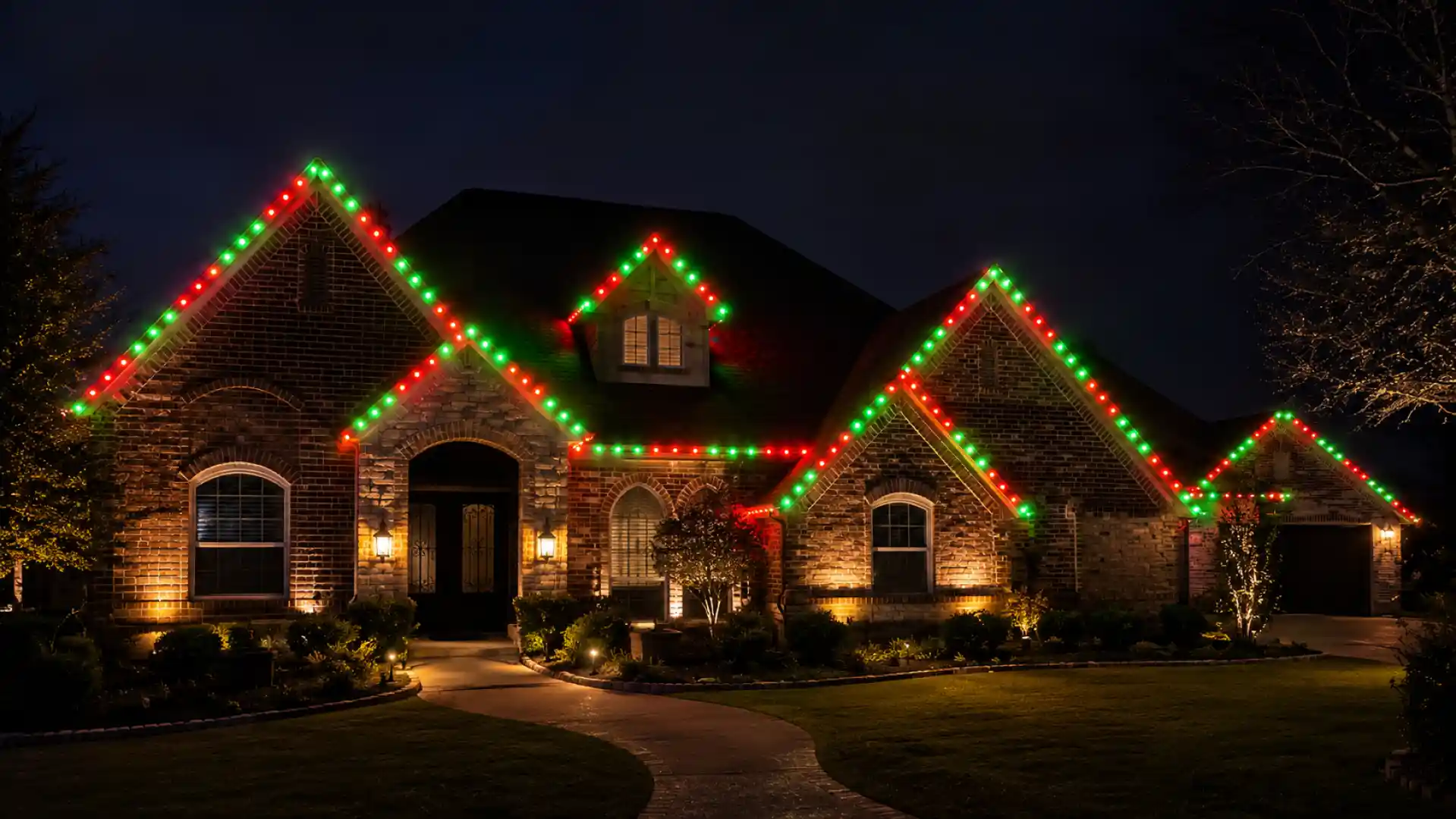 Permanent Christmas lights installed along the roofline of a Colorado home