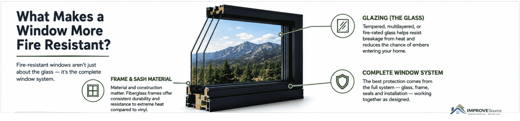 Diagram showing fire-resistant window features, including glazing, frame and sash materials, and the complete window system.